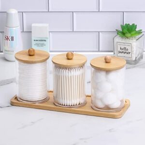 Tbestmax 10 Oz Cotton Swab/Ball/Pad Holder with Vanity Tray, Qtip Apothecary Jar, Clear Bathroom Containers Dispenser for Storage 3 Pack Wood Lids