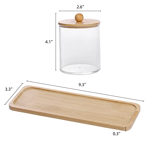 Tbestmax 10 Oz Cotton Swab/Ball/Pad Holder with Vanity Tray, Qtip Apothecary Jar, Clear Bathroom Containers Dispenser for Storage 3 Pack Wood Lids