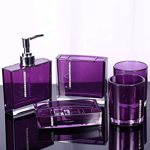 5 PCS Purple Bathroom Accessory Set, Acrylic Bathroom Decor Sets Accessories, Square Purple Bathroom Sink Set, with Emulsion Bottle Tooth Brush Holder Soap Dish Gargle Cup, for Home Hotel Travel