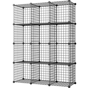 kousi diy wire cube storage, modular metal shelf, cubby shelving, stackable grid organizer, 12 cube, black