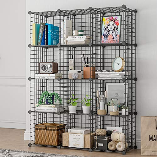 KOUSI DIY Wire Cube Storage, Modular Metal Shelf, Cubby Shelving, Stackable Grid Organizer, 12 Cube, Black