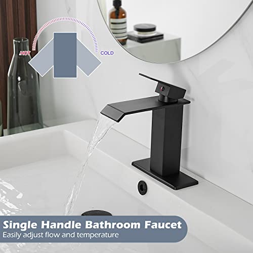BWE Black Bathroom Faucet Modern Waterfall Matte Black Bathroom Sink Faucet Single Hole with Pop Up Drain Parts Spout Bath Lavatory Vanity Stopper Overflow and Supply Hose Single Handle