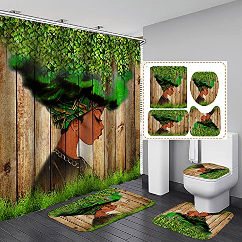 4Pcs African American Green Leaves Vine Shower Curtain Sets with Non-Slip Rugs,Toilet Pad Cover,Bath Mat and 12 Hooks,Afro Girl Waterproof Bath Curtain Black Art Bathroom Decor,Green Leaves Girl