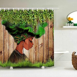 4Pcs African American Green Leaves Vine Shower Curtain Sets with Non-Slip Rugs,Toilet Pad Cover,Bath Mat and 12 Hooks,Afro Girl Waterproof Bath Curtain Black Art Bathroom Decor,Green Leaves Girl