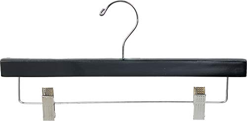 Black Rubberized Wooden Pant Hanger with Adjustable Cushion Clips, Rubber Coated Bottom Hangers with Chrome Swivel Hook (Set of 100) by The Great American Hanger Company