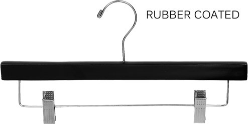 Black Rubberized Wooden Pant Hanger with Adjustable Cushion Clips, Rubber Coated Bottom Hangers with Chrome Swivel Hook (Set of 100) by The Great American Hanger Company