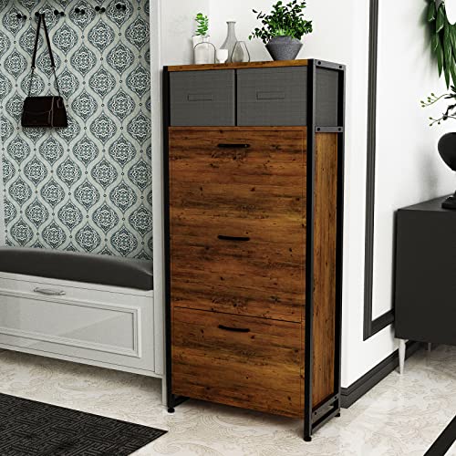 HSSZXFR 3 Drawer Industrial Shoe Cabinet, Narrow Shoe Cabinet for Entryway, Modern Shoe Rack Storage Organizer with Adjustable Shelf, Slim Freestanding Wood Shoe Rack for Home and Apartment