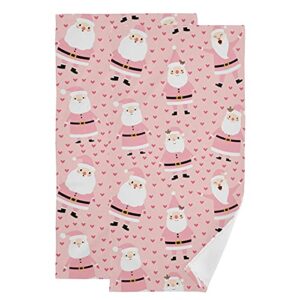vigtro christmas pink santa hand towels 2 pack, ultra soft and highly absorbent, cute kriss kringle decorative fingertip towel for home, bathroom, kitchen