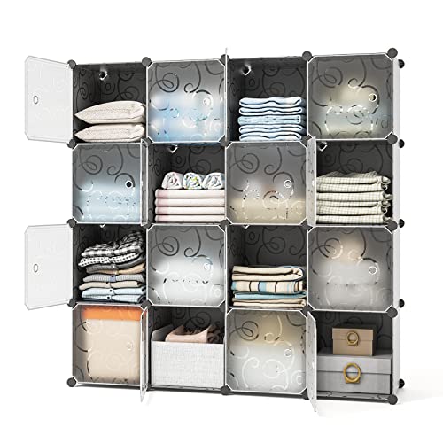 Cube Storage Organizer, 16-Cube Closet Organizer with Doors, 12" × 12" Modular Storage Book Shelves, Plastic Stackable Cubes Cabinet Wardrobe for Bedroom, Home, Black (4 × 4 Cubes)