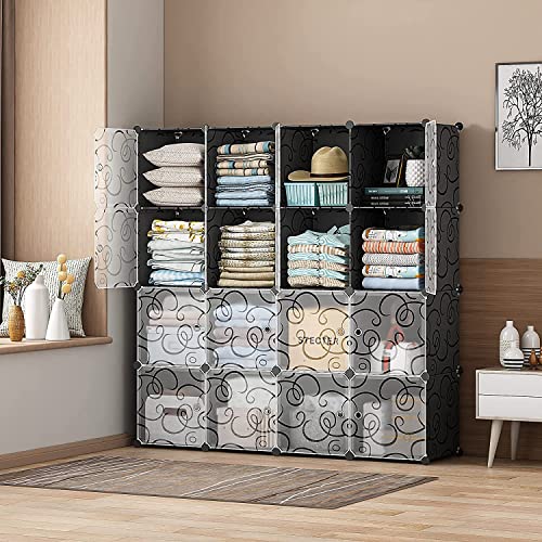 Cube Storage Organizer, 16-Cube Closet Organizer with Doors, 12" × 12" Modular Storage Book Shelves, Plastic Stackable Cubes Cabinet Wardrobe for Bedroom, Home, Black (4 × 4 Cubes)