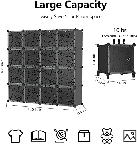 Cube Storage Organizer, 16-Cube Closet Organizer with Doors, 12" × 12" Modular Storage Book Shelves, Plastic Stackable Cubes Cabinet Wardrobe for Bedroom, Home, Black (4 × 4 Cubes)