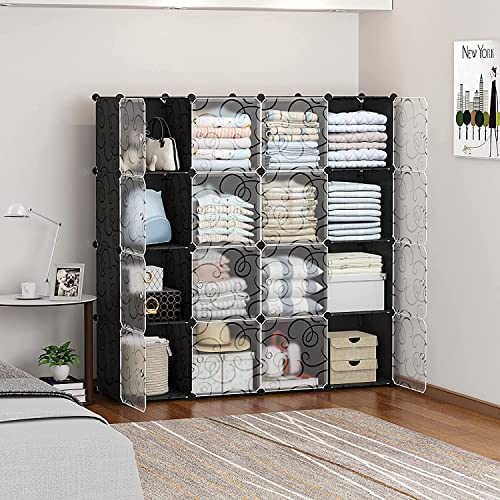 Cube Storage Organizer, 16-Cube Closet Organizer with Doors, 12" × 12" Modular Storage Book Shelves, Plastic Stackable Cubes Cabinet Wardrobe for Bedroom, Home, Black (4 × 4 Cubes)