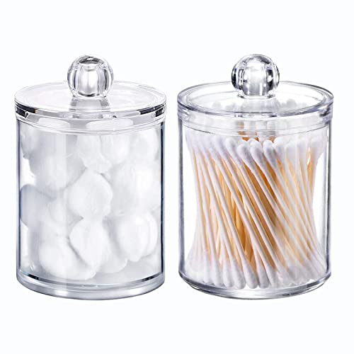 Wellinc Qtip Holder Dispenser for Cotton Ball, Cotton Swab, Cotton Round Pads, Floss - 10 oz Clear Plastic Apothecary Jar Set for Bathroom Canister Storage Organization, Vanity Makeup Organizer