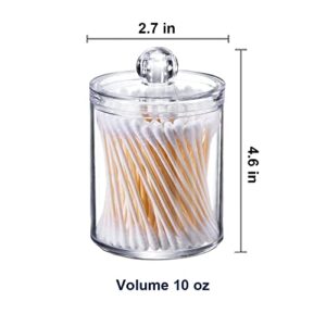 Wellinc Qtip Holder Dispenser for Cotton Ball, Cotton Swab, Cotton Round Pads, Floss - 10 oz Clear Plastic Apothecary Jar Set for Bathroom Canister Storage Organization, Vanity Makeup Organizer