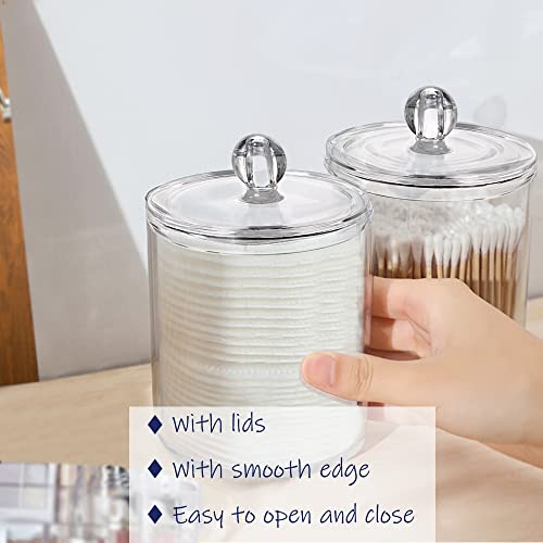 Wellinc Qtip Holder Dispenser for Cotton Ball, Cotton Swab, Cotton Round Pads, Floss - 10 oz Clear Plastic Apothecary Jar Set for Bathroom Canister Storage Organization, Vanity Makeup Organizer