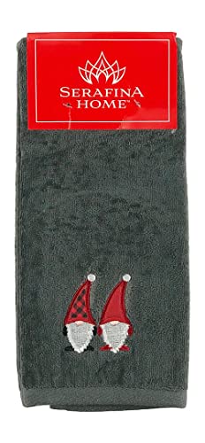 Christmas Gnomes Towel Set: Dark Grey Hand Towels with Red White Embroidery Jolly Nordic Gnome, Set of 2