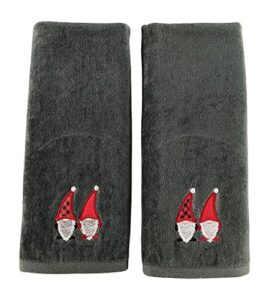 christmas gnomes towel set: dark grey hand towels with red white embroidery jolly nordic gnome, set of 2