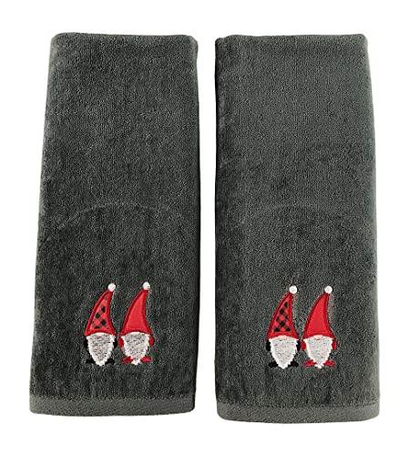 Christmas Gnomes Towel Set: Dark Grey Hand Towels with Red White Embroidery Jolly Nordic Gnome, Set of 2