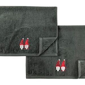 Christmas Gnomes Towel Set: Dark Grey Hand Towels with Red White Embroidery Jolly Nordic Gnome, Set of 2