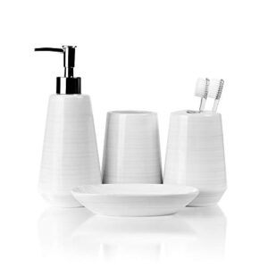 Willow&Ivory Bathroom Accessories Set | 4 Piece, Ceramic Bath Set | Toothbrush Holder, Soap Dispenser, Soap Dish & Tumbler | White Oak Collection