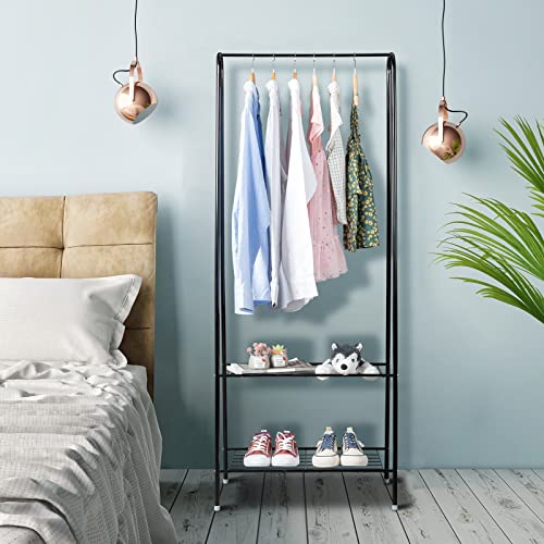 Sengert Closet Organizer, Black Clothing Rack with 2 Tier Storage Shelf, Wardrobe Rack Clothes Rack with Shoe Rack for Hanging Clothes and Storage