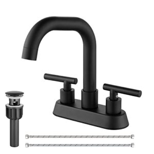 cinwiny matte black 4 inch centerset bathroom faucet two handle vanity faucet swivel spout 360 degree deck mounted mixer tap with pop-up stopper water supply hoses