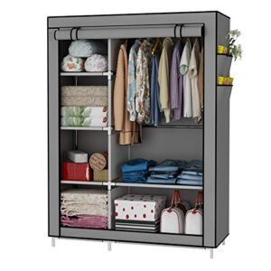 udear closet organizer wardrobe clothes storage shelves, no-woven fabric cover with side pockets,grey