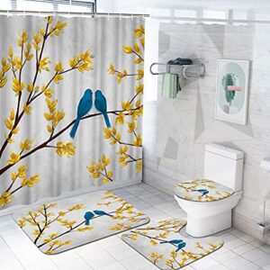 duobaorom 4 pieces set tree bird shower curtain set blue love birds on yellow tree branch picture print on non-slip rugs toilet lid cover bath mat and bathroom curtain with 12 hooks 72x72inch