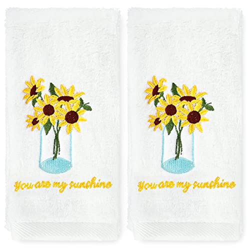 AnyDesign 2 Pack Sunflower Hand Towels Spring Cotton Embroidered Flower Decorative Dish Towel for Bathroom Hand Drying Cleaning Cooking Summer Towel Gift Set, 29.5 x 13.7 Inch