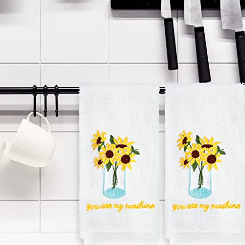 AnyDesign 2 Pack Sunflower Hand Towels Spring Cotton Embroidered Flower Decorative Dish Towel for Bathroom Hand Drying Cleaning Cooking Summer Towel Gift Set, 29.5 x 13.7 Inch