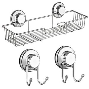 sanno powerful vacuum suction cup shower caddy/two suction hooks basket for shampoo combo organizer basket stainless steel holder for bathroom storage stainless steel (set of 3)