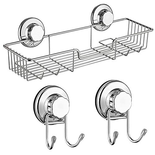 SANNO Powerful Vacuum Suction Cup Shower Caddy/Two Suction Hooks Basket for Shampoo Combo Organizer Basket Stainless Steel Holder for Bathroom Storage Stainless Steel (Set of 3)