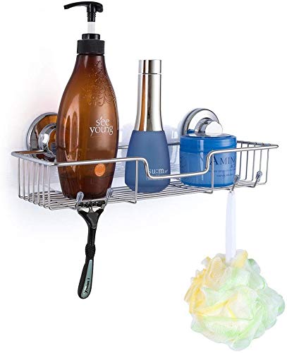 SANNO Powerful Vacuum Suction Cup Shower Caddy/Two Suction Hooks Basket for Shampoo Combo Organizer Basket Stainless Steel Holder for Bathroom Storage Stainless Steel (Set of 3)