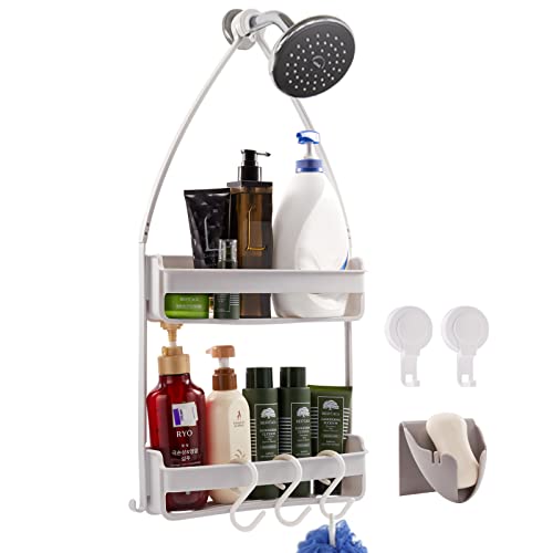 RaiyeisHome Plastic Hanging Shower Caddy Organizer with Soap Holder and Hook Accessories - Convenient Overhead Storage Rack Set for Bathroom, Kitchen, and Toilet