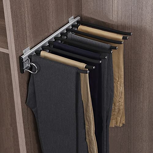 mopam Pull Out Trousers Rack 9 Arms Retractable Closet Pants Hanger Side Mounted Space Saving Trouser Hanger Rack, Left Side Installation, Black