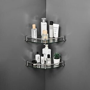 Paradmas Glass Corner Shower Shelf 2 Pack - Shower Caddy Tempered Glass Shower Rack with Rails SUS 304 Wall Mounted Bathroom Shower Organizer for Inside Shower, 24cmx24cmx6mm, Silver