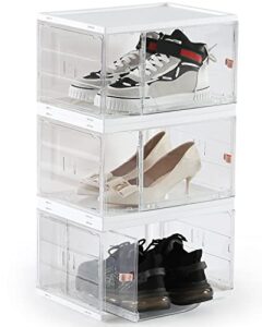 3 pack shoe box clear plastic stackable, drop side sneaker storage box revolving for sneakerhead, transparent acrylic shoe display case for size 13 white