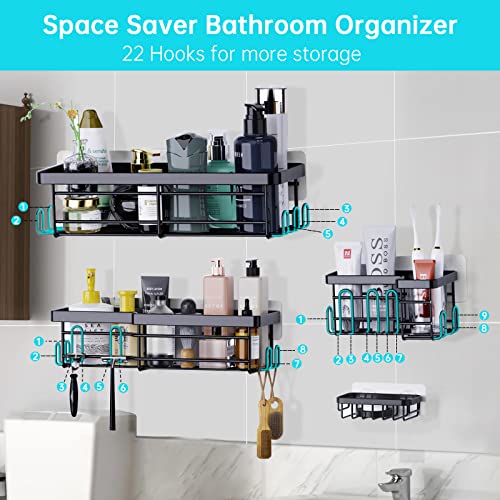 Shower Caddy Organizer 4 Pack+ Loofah, Vphom Rustproof Shower Shelf Racks for Inside Shower with 22 Hooks, Adhesive Shower Shelves for Bathroom Storage Kitchen Dorm Room Essential organizador de ducha