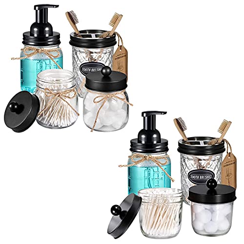 4pcs & 4pcs Black Mason Jar Bathroom Accessories Set - 2 Foaming Soap Dispenser& 2 Qtip Holder (regular mouth)&2 Cotton Swab Holder (wide mouth)&2 Toothbrush Holder-Rustic Farmhouse Decor Bathroom