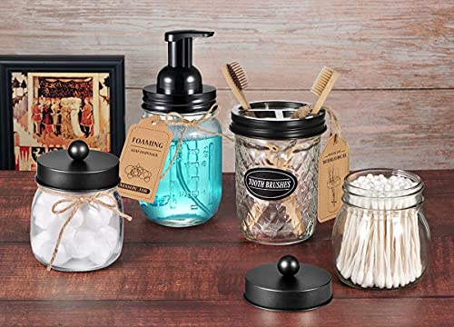 4pcs & 4pcs Black Mason Jar Bathroom Accessories Set - 2 Foaming Soap Dispenser& 2 Qtip Holder (regular mouth)&2 Cotton Swab Holder (wide mouth)&2 Toothbrush Holder-Rustic Farmhouse Decor Bathroom