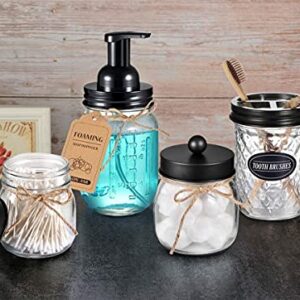 4pcs & 4pcs Black Mason Jar Bathroom Accessories Set - 2 Foaming Soap Dispenser& 2 Qtip Holder (regular mouth)&2 Cotton Swab Holder (wide mouth)&2 Toothbrush Holder-Rustic Farmhouse Decor Bathroom