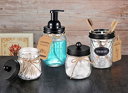 4pcs & 4pcs Black Mason Jar Bathroom Accessories Set - 2 Foaming Soap Dispenser& 2 Qtip Holder (regular mouth)&2 Cotton Swab Holder (wide mouth)&2 Toothbrush Holder-Rustic Farmhouse Decor Bathroom