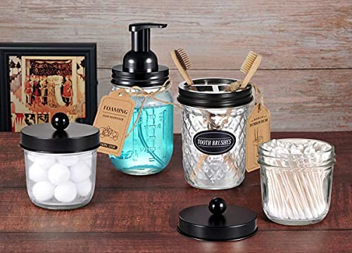 4pcs & 4pcs Black Mason Jar Bathroom Accessories Set - 2 Foaming Soap Dispenser& 2 Qtip Holder (regular mouth)&2 Cotton Swab Holder (wide mouth)&2 Toothbrush Holder-Rustic Farmhouse Decor Bathroom