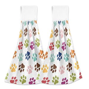 Colorful Dog Paw Hanging Kitchen Towels 2PCS Animal Foot Print Absorbent Soft Quick Dry Washcloths Dish Towels for Bathroom Home Decor