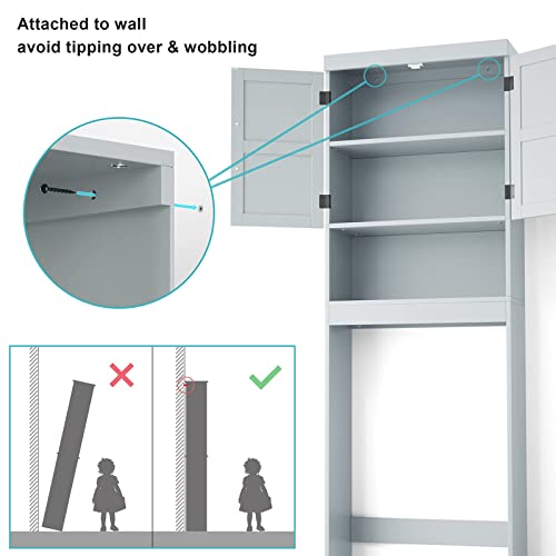 SRIWATANA Over The Toilet Storage Cabinet, Bathroom Organizer with Adjustable Shelf, 2-Door Toilet Storage Rack, Gray