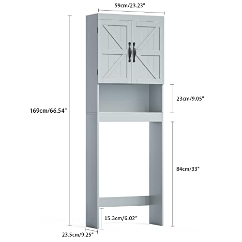 SRIWATANA Over The Toilet Storage Cabinet, Bathroom Organizer with Adjustable Shelf, 2-Door Toilet Storage Rack, Gray