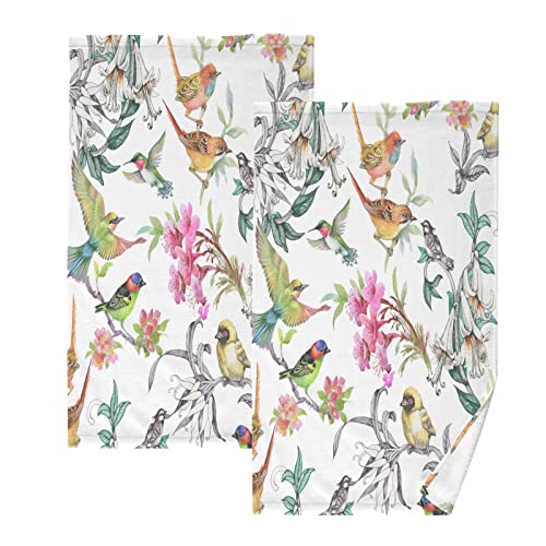 Floral Bird Pattern Hand Towels Set of 2, Highly Absorbent Soft Cotton Face Towels Bathroom Decorative Towel for Beach Gym Spa Shower, 16x28In