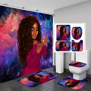 african american shower curtains for bathroom, black girl bathroom sets with shower curtain and rugs and accessories, 4pcs colorful bathroom decor sets (blue)