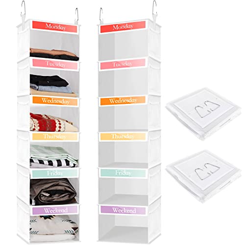 Amylove 2 Pack 6 Weekly Shelf Hanging Closet Organizer Kids Closet Organizer Clothes Storage Organizer for Kids Days of the Week Clothes Organizer Hanging Cube Organizer for Daily Activity (White)