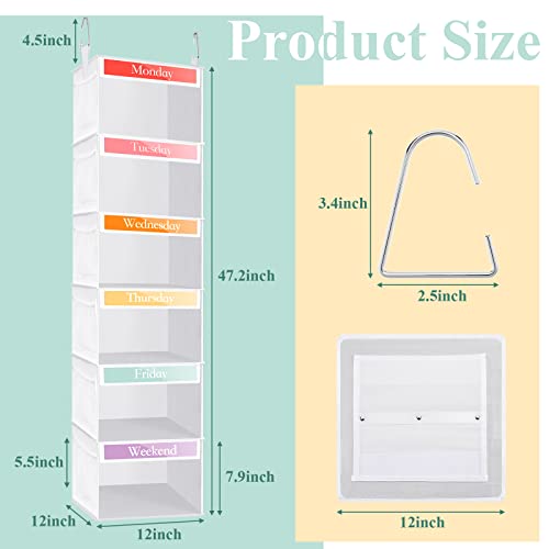 Amylove 2 Pack 6 Weekly Shelf Hanging Closet Organizer Kids Closet Organizer Clothes Storage Organizer for Kids Days of the Week Clothes Organizer Hanging Cube Organizer for Daily Activity (White)